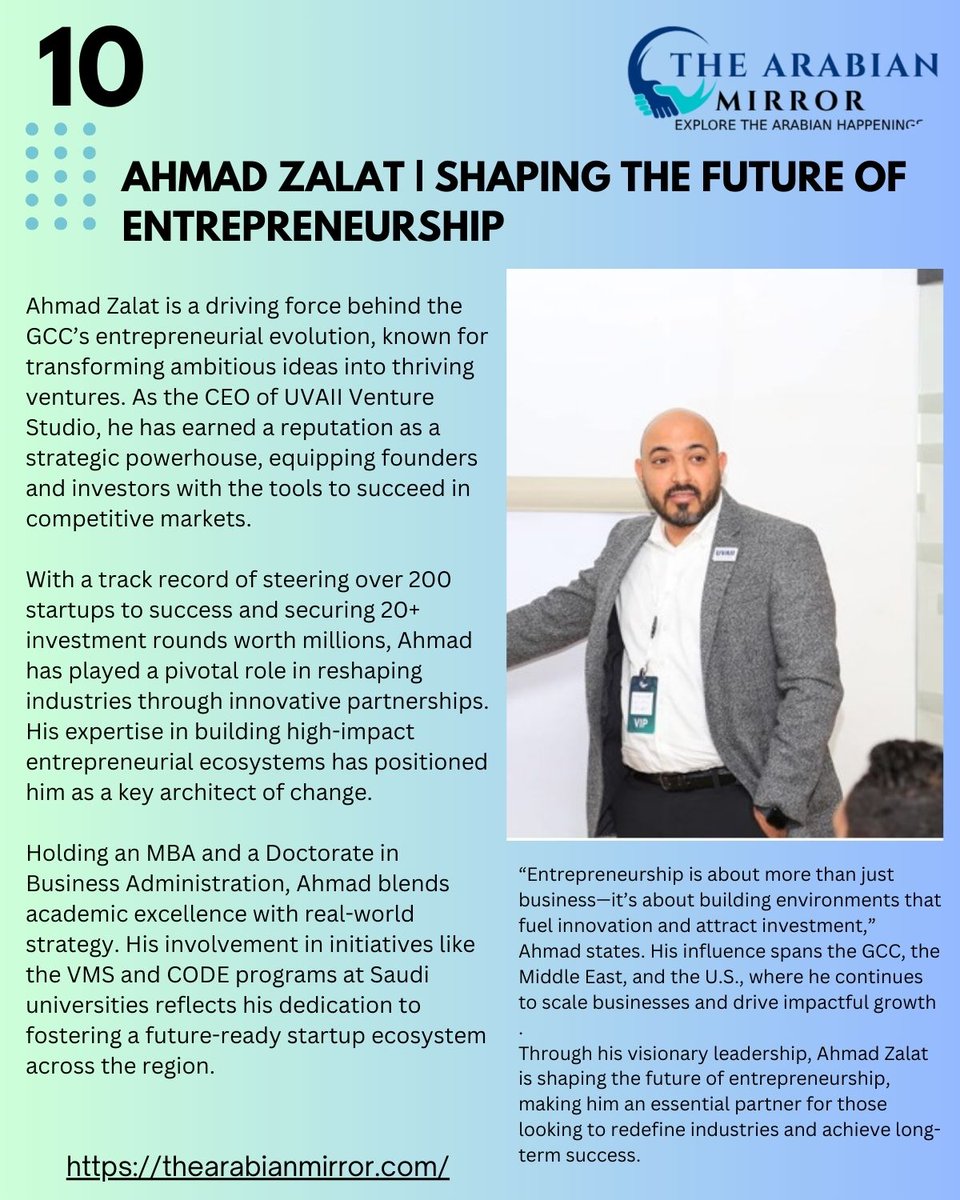 TAMirror_X's tweet photo. Ahmad Zalat is a game-changer in the GCC’s entrepreneurial landscape! 🚀 As CEO of UVAII Venture Studio. 

#AhmadZalat #VentureStudio #Entrepreneurship #GCCBusiness

https://t.co/mitRuwcIBC https://t.co/QZRcaeNcLu