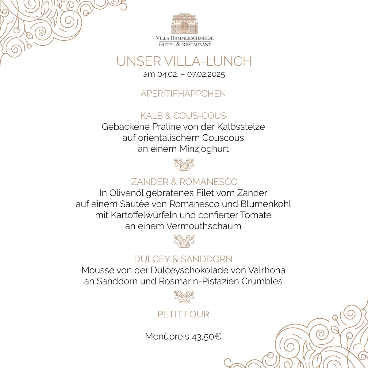 Diese Woche wird es wieder besonders lecker, kommt vorbei und genießt unseren neuen #VillaLunch 😊

👉 Gültig von 04.02. - 07.02.2025

Wir freuen uns auf Euch. 😄

DAS ERLEBNIS VILLA HAMMERSCHMIEDE – Eintreten und genießen…

#villahammerschmiede #hotel #restaurant #lunch #genuss