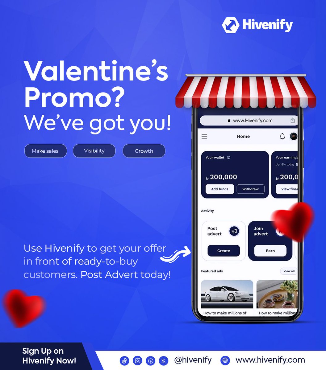Hivenify's tweet photo. Don’t let your Valentine’s deals go unseen. 
Advertise smarter with Hivenify!  #ads #Hivenify #business #GRAMMYs https://t.co/cVLVDwT9fb