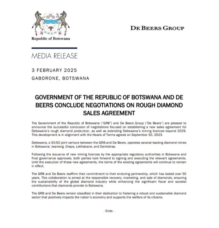 edahn's tweet photo. De Beers and Botswana officially reach rough diamond sales agreement. https://t.co/fZ6IB7XJUc