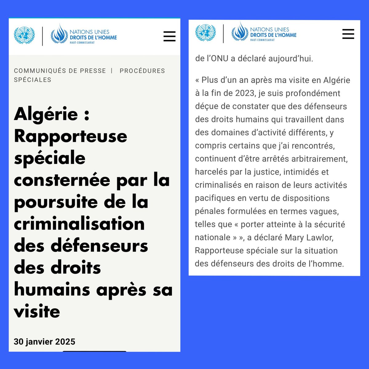 organisationLK's tweet photo. Nouveau rapport accablant l’Algerie , de Mm Mary LAWLOR , rapporteuse spéciale des Nations Unis pour les Droits de l’Homme. Ci-joint le lien du rapport en question.
https://t.co/vN4GcYPkav https://t.co/5ibEgRVlPD