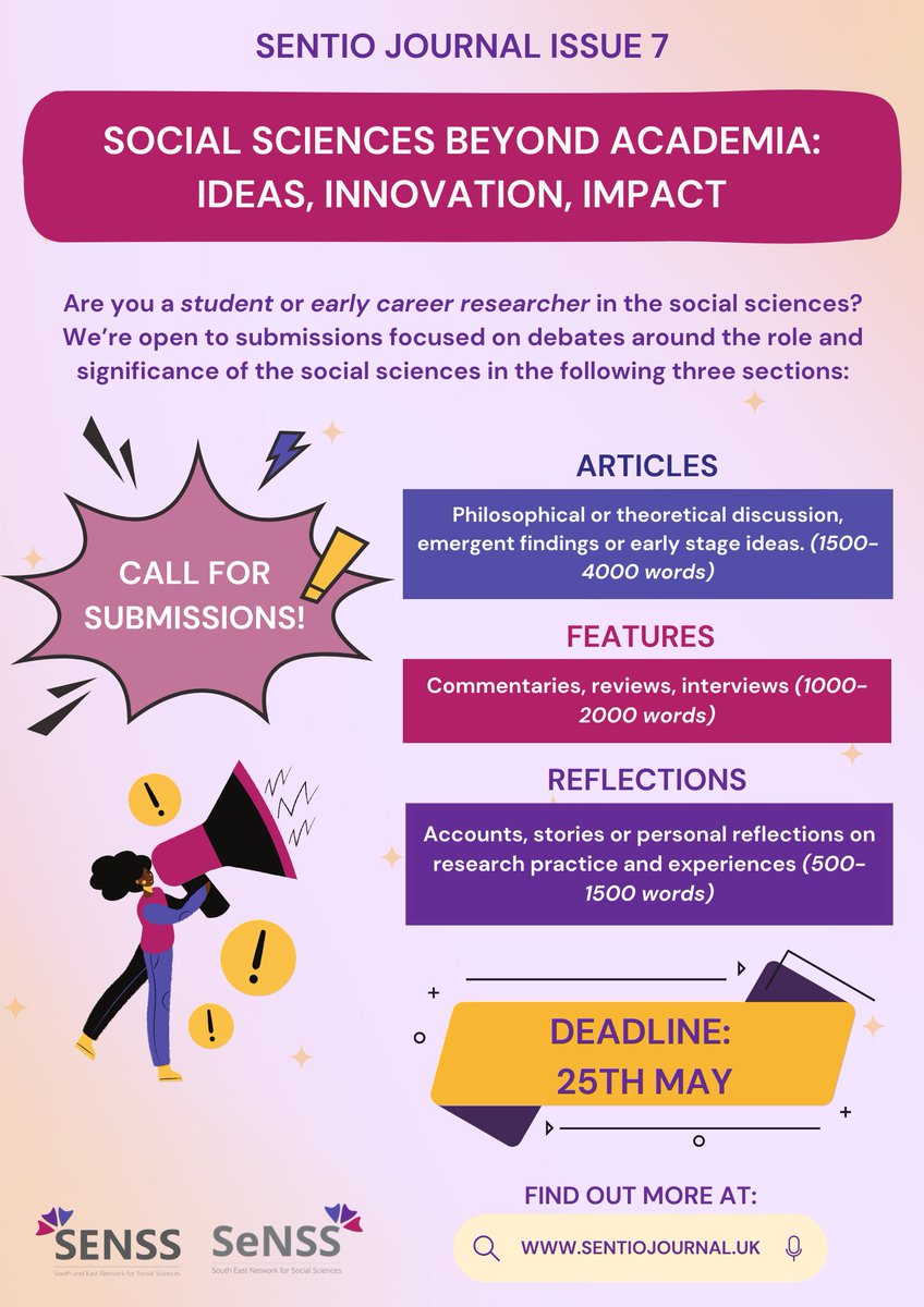 SeNSSCommittee's tweet photo. Sentio Journal is now accepting submissions for research articles, features and reflections for the theme “Social Sciences Beyond Academia: Ideas, Innovation, Impact” until 25 May 2025!

For further details, head to our website https://t.co/JOx5Qi1lMO! https://t.co/QeYp8bDPv2