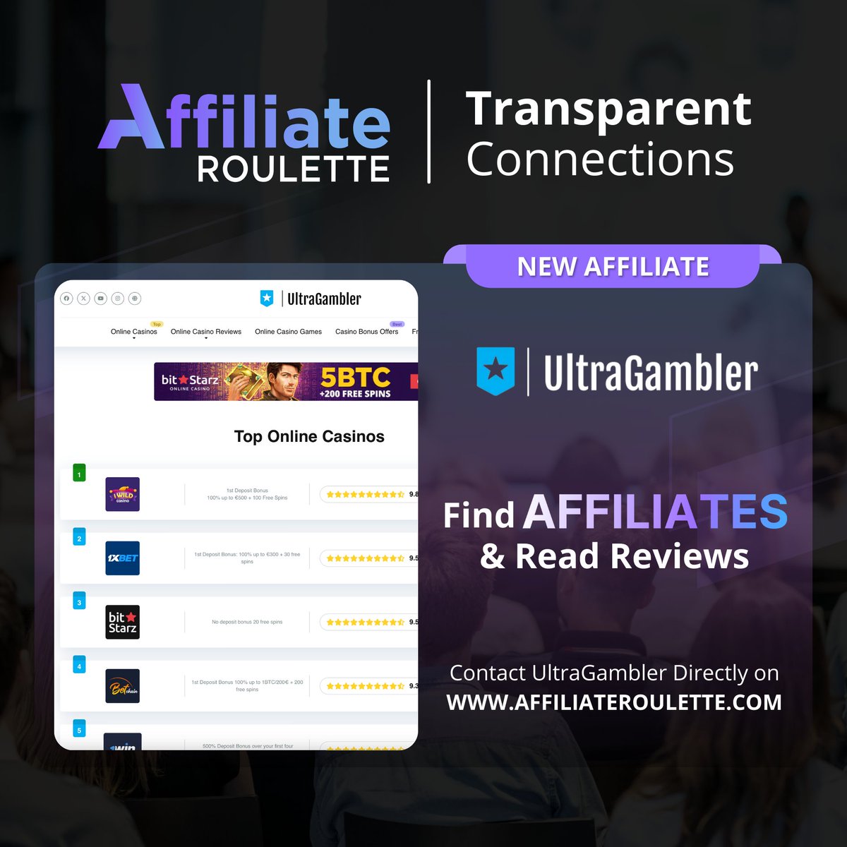 UltraGambler is now listed on Affiliate Roulette! You can now explore their profile, access their website and social channels, and connect with them directly.

Join for free here: affiliateroulette.com

#Affiliate #AffiliateManager #iGaming #Reviews #Traffic #AffiliateRoulette