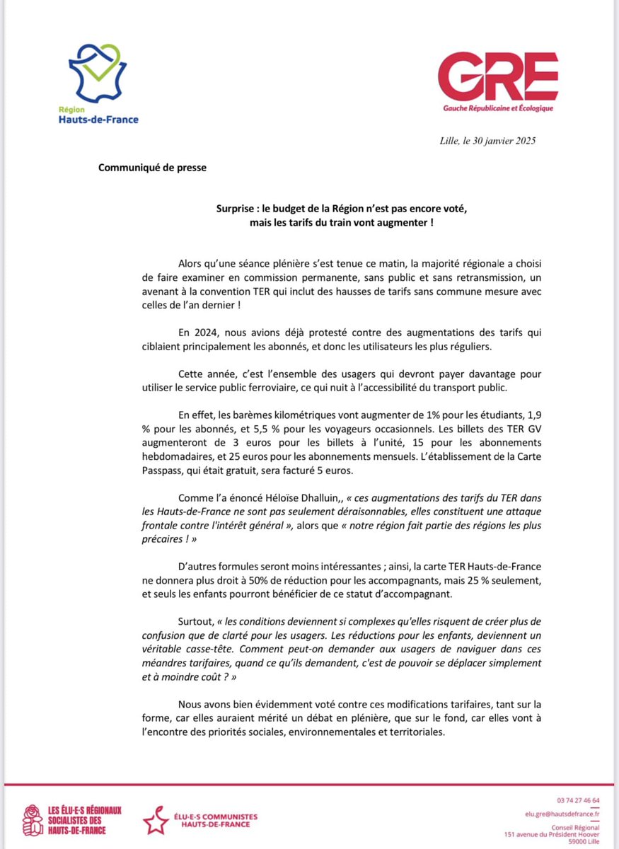 🚅TER 🚅: Augmentation des tarifs pour les étudiants, les abonnés et les occasionnels, édition de la carte pass pass de 0€ à 5€, et la carte TER HDF qui permettait d'avoir 50% pour soi et 3 accompagnants ne réduira plus le prix que de 25% pour 3 enfants.

Notre réaction :
