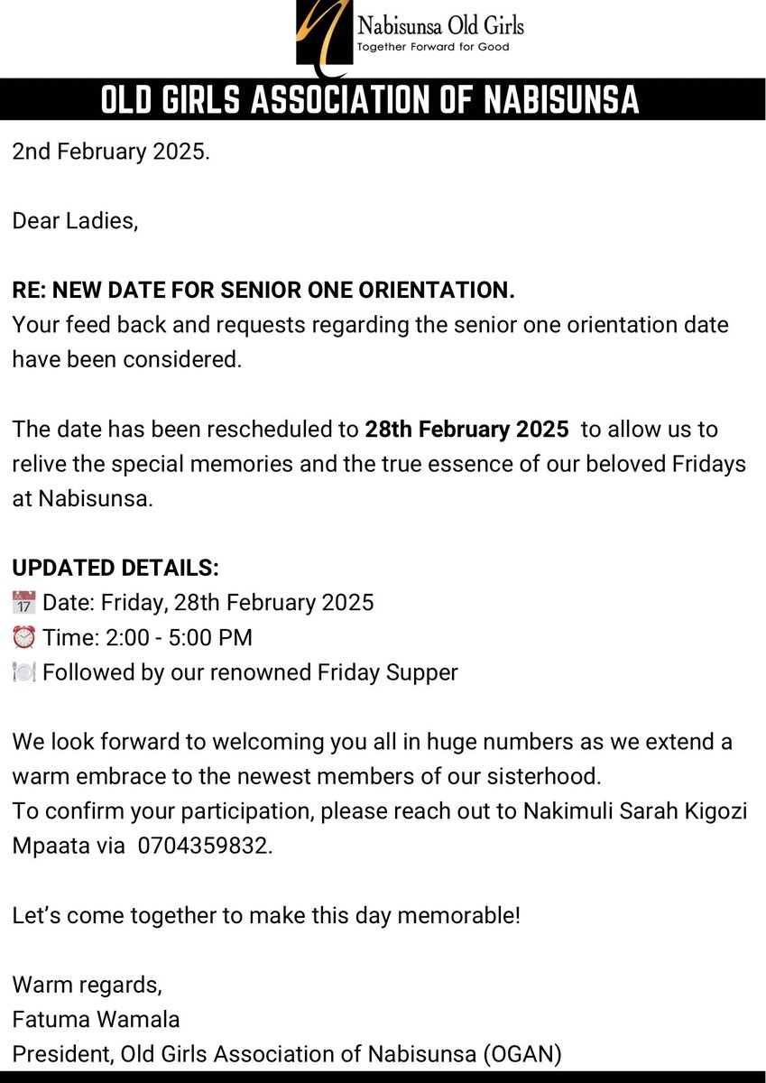 SunsasAlumni's tweet photo. 📢 New Date Alert! 📢
Dear Old Girls, your feedback has been heard! The Senior One Orientation has been rescheduled to Friday, 28th February 2025.
Let’s make it a day to remember! 💙💛
#TogetherForwardForGood #OldGirlsOfNabisunsa #Orientation #AlmaMater https://t.co/R0ezwBJihO