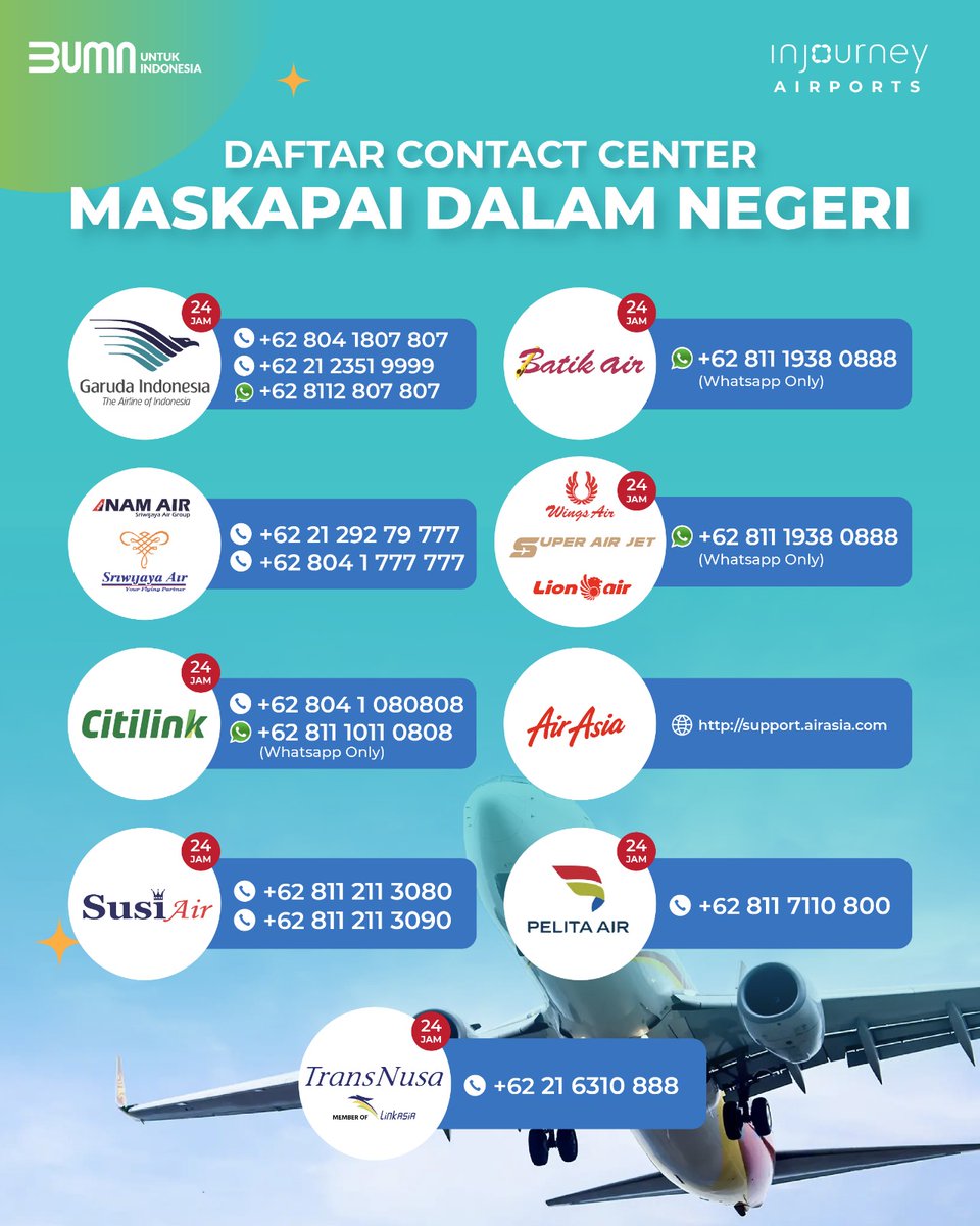 CCINJAirports's tweet photo. Halo #SobatAPI, Perjalanan Anda lancar dan didukung dengan kemudahan untuk terhubung dengan layanan maskapai. Yuk #SobatAPI update log kontak maskapai Domestik dan Internasional Anda dengan informasi sebagai berikut.

Update terkait InJourney Airports, #SobatAPI disilakan menghubungi:
Telepon : 138 atau 172
Whatsapp : +62 811 984 138
Email : contact@injourneyairports.id

#InJourneyAirports
#AngkasaPuraIndonesia
#MelayaniSepenuhHati
#BUMNUntukIndonesia