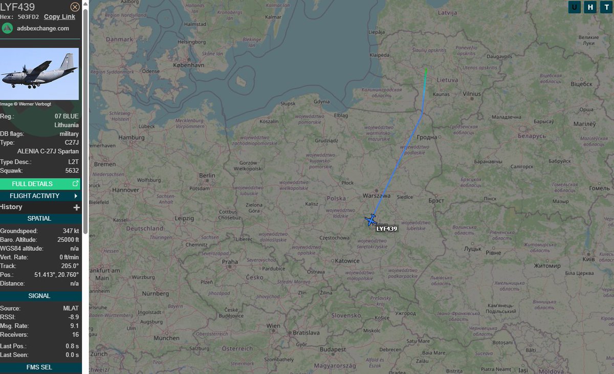 PolishMilRadar's tweet photo. ⌚️03.02 09:30LT
🇱🇹Litewskie Siły Powietrzne
✈️Alenia C-27J Spartan 07 BLUE
#LYF439 na wysokości przelotowej FL250
🛫Lotnisko Siauliai #EYSA
🛬Nieznane
🔗https://t.co/oP06SXXngB https://t.co/QbpwuXH2yv