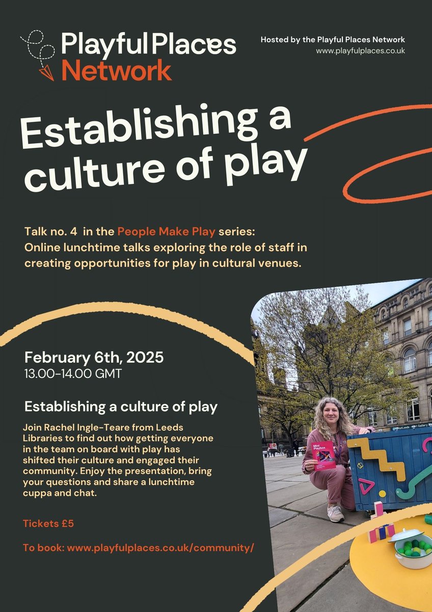LottieDerry's tweet photo. Got a spare hour this Thursday lunchtime? Come join us online to talk about people making play happen in libraries. How did people and behaviours shift to create a playful culture? Hosted by the Playful Places Network - tickets are only £5. To book: https://t.co/WxbSM5vlsL https://t.co/dufyjdRSwW