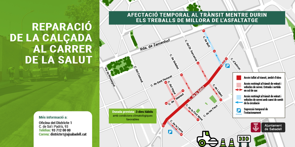 #AVÍS ⚠️ Treballs de reparació de la calçada al 𝗰𝗮𝗿𝗿𝗲𝗿 𝗱𝗲 𝗹𝗮 𝗦𝗮𝗹𝘂𝘁  

⛔ El carrer estarà tallat al trànsit 
▶️ Es restringeix la circulació a veïnat i vehicles de servei a diferents trams 
📣 Es suprimeixen temporalment zones d'estacionament

#Elsdinersalscarrers