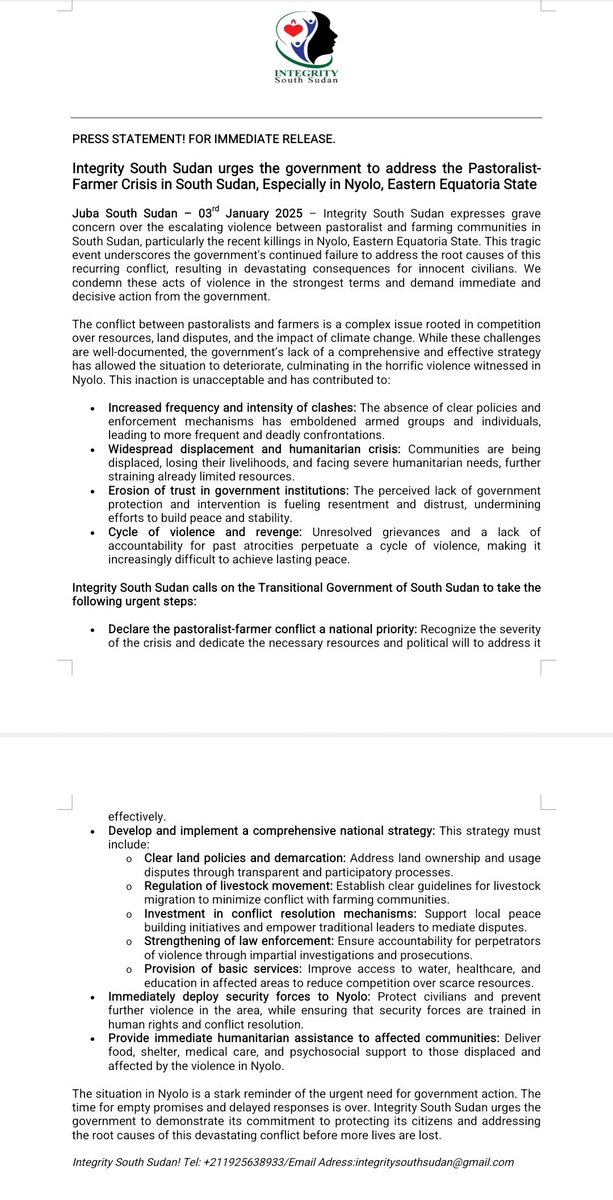 Integrity South Sudan (@integritysouth) on Twitter photo The government's failure in addressing the conflict between pastoralists and Farmers is causing more loss of lives.
#SSOT
<a href="/USMissionJuba/">U.S. Embassy in Juba</a>
<a href="/garang_john211/">Garang John</a> The government's failure in addressing the conflict between pastoralists and Farmers is causing more loss of lives.
#SSOT
<a href="/USMissionJuba/">U.S. Embassy in Juba</a>
<a href="/garang_john211/">Garang John</a>