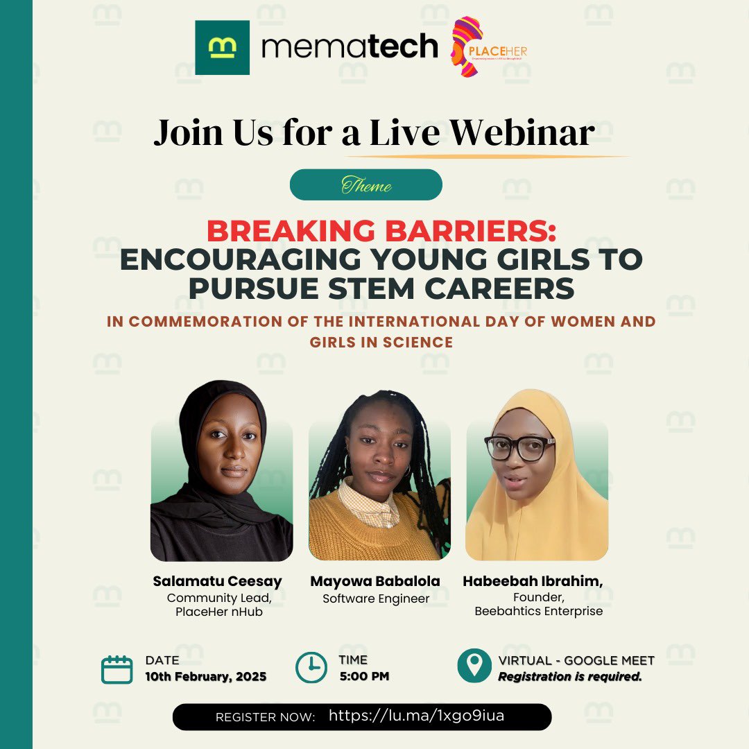 MemaTech Empowerment Foundation in collaboration with Place Her is calling on all students, educators, and STEM enthusiasts in commemoration of the International day of women and girls in Science.

Register now:

lu.ma/1xgo9iua

#WomenInTech #GirlsInSTEM #IDWGS