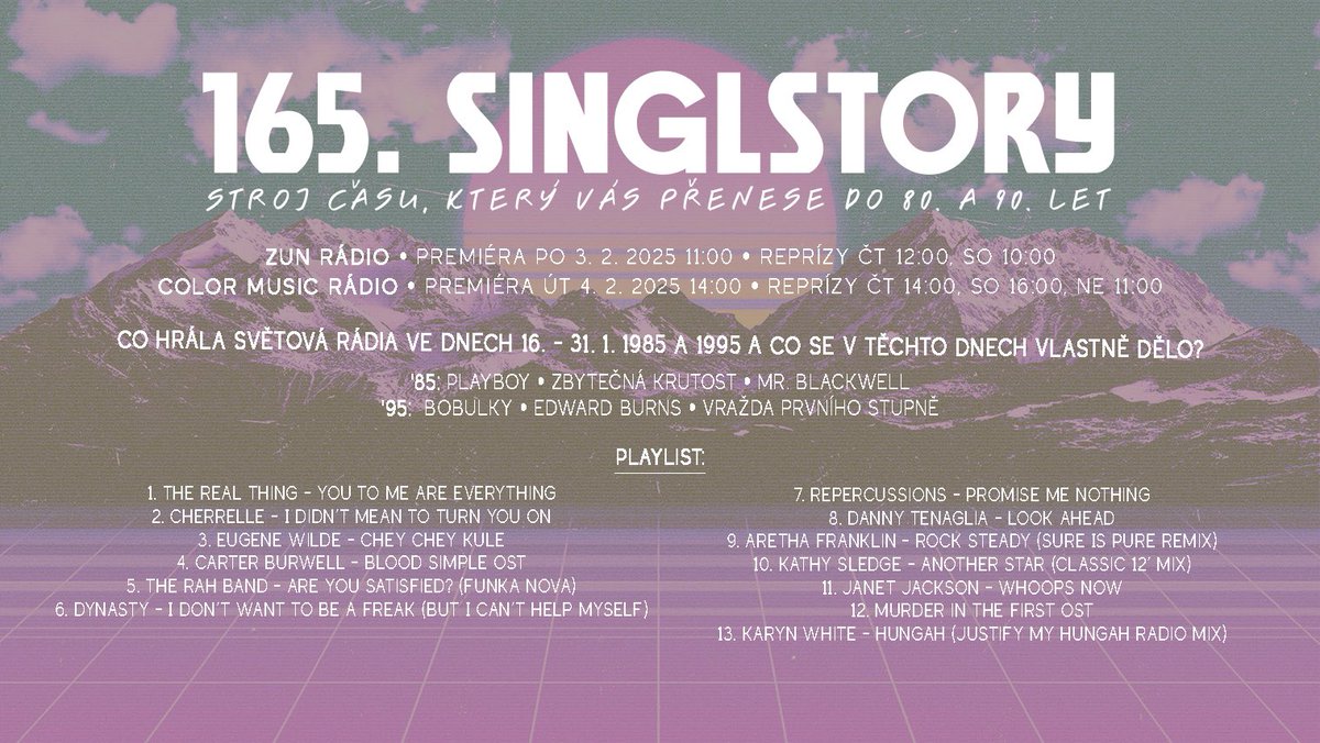 SinglStory's tweet photo. Nový výlet do #historie #80s a #90s se @singlstory je tady! Již dnes v 11:00 na 🌊 @zunradio  a v úterý ve 14:00 na 🌊 #colormusicradio  📻 Těšíme se na vás!😎
#murderinthefirst #repercussions #rahband https://t.co/eixPXRHNH2