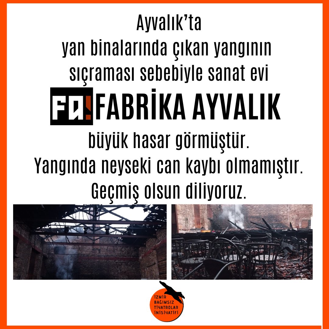 izmirbti's tweet photo. Ayvalık’ta
yan binalarında çıkan yangının 
sıçraması sebebiyle sanat evi
FABRİKA AYVALIK
büyük hasar görmüştür.
Yangında neyseki can kaybı olmamıştır.
Geçmiş olsun diliyoruz.

@fabrikaayvalik 
#fabrikaayvalık https://t.co/6QD6XVjgVn