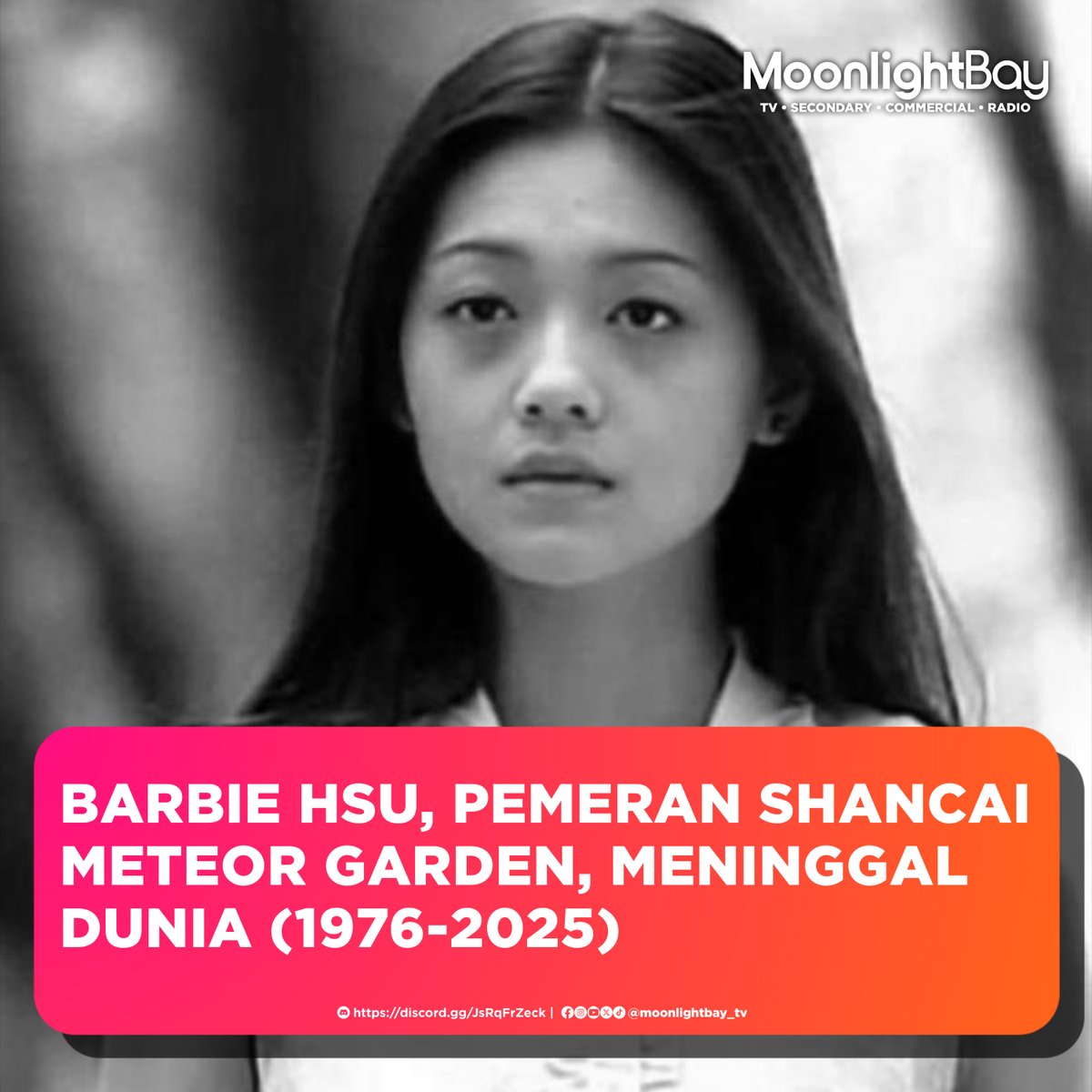 MoonlightBay_TV's tweet photo. #moonlightbaynews #meteorgarden #barbiehsu
Kabar duka datang dari dunia hiburan. Barbie Hsu (sebagai San Chai di serial Meteor Garden), Meninggal Dunia karena Pheunomia yang didapatkan setelah liburan Tahun Baru Imlek https://t.co/788Nhm5JdD