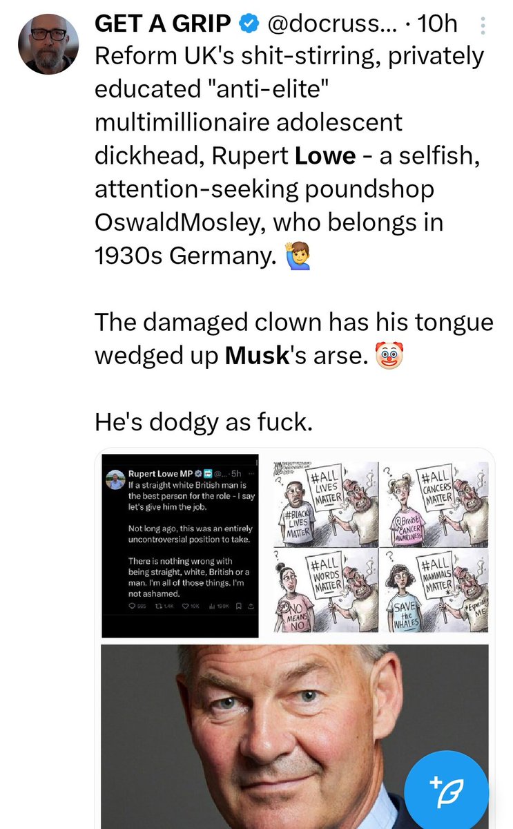 _Marnie_Andi's tweet photo. @EsheruKwaku Lowe is on a high atm
He's been endorsed by king-maker Musky, he's emboldened in his rightwing, dog-whistle crap
He's looking to oust poor old Nigel Farage to become leader of Reform
He must be stopped
I'll contribute to your GoFundMe to cover any legal costs
#DragHim E https://t.co/8s0XxBqs03