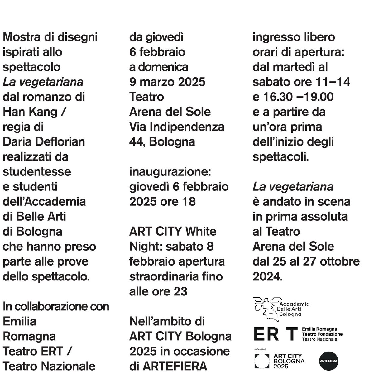 Dal 6 febbraio al 9 marzo al Teatro Arena del Sole Bologna 𝗧𝗘𝗔𝗧𝗥𝗢𝗗𝗜𝗦𝗘𝗚𝗡𝗔𝗧𝗢/𝟬𝟭 mostra dei disegni realizzati dal Corso di Illustrazione per l’editoria dell’Accademia di Belle Arti di Bologna, ispirati allo spettacolo 𝘓𝘈 𝘝𝘌𝘎𝘌𝘛𝘈𝘙𝘐𝘈𝘕𝘈.