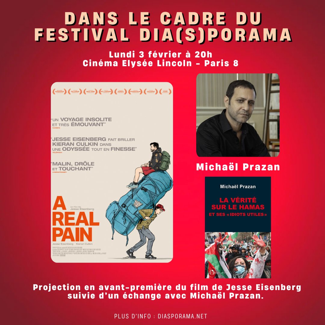 🎬 Avant-première exceptionnelle ce soir !
Ne manquez pas la projection du film A Real Pain, un film bouleversant qui ne vous laissera pas indifférent. Ce moment sera suivi d’un échange avec Michaël Prazan, réalisateur et auteur. 🎥

Venez partager ce moment avec nous ! 🎟️