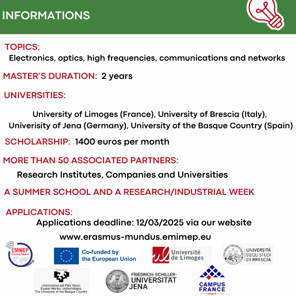 Want to know more about the Masters #Scholarship for applied Physics? Join us Wednesday 5th February, 6PM Kenya time for more info on the EMIMEP Erasmus Mundus Joint Master by the Université de Limoges @unilim

Register: us02web.zoom.us/j/86019996361?…

ID : 860 1999 6361
code : 973206