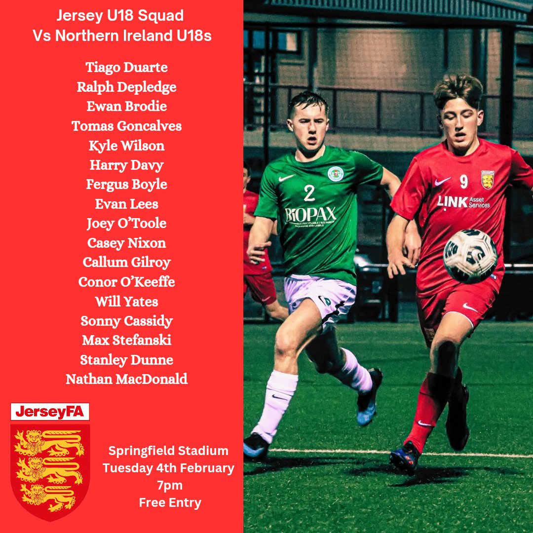 This week we play two games against Northern Ireland Schoolboys at Springfield Stadium! 😁

Tomorrow our U18s play, with the exciting squad being announced by manager Steve Coutanche! 🇯🇪

Head on down for a 7pm kick off and support the beans! Entry is FREE! ⚽

Good luck lads! 👊🏼