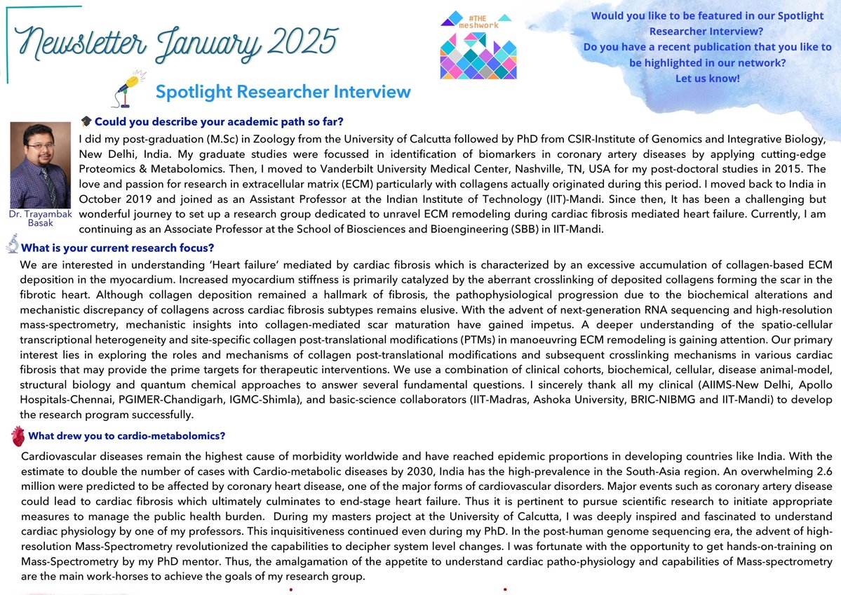 THEmeshwork2020's tweet photo. Our January newsletter is out now!!! Explore our discussion with @trayambakbasak on cardiometabolomics and the dawn of Indian Matrix Bio Society, notable publications from our members & polls of the month, among others! Full calendar available here: https://t.co/pLaOtweQ2x https://t.co/9N1BOBOda6