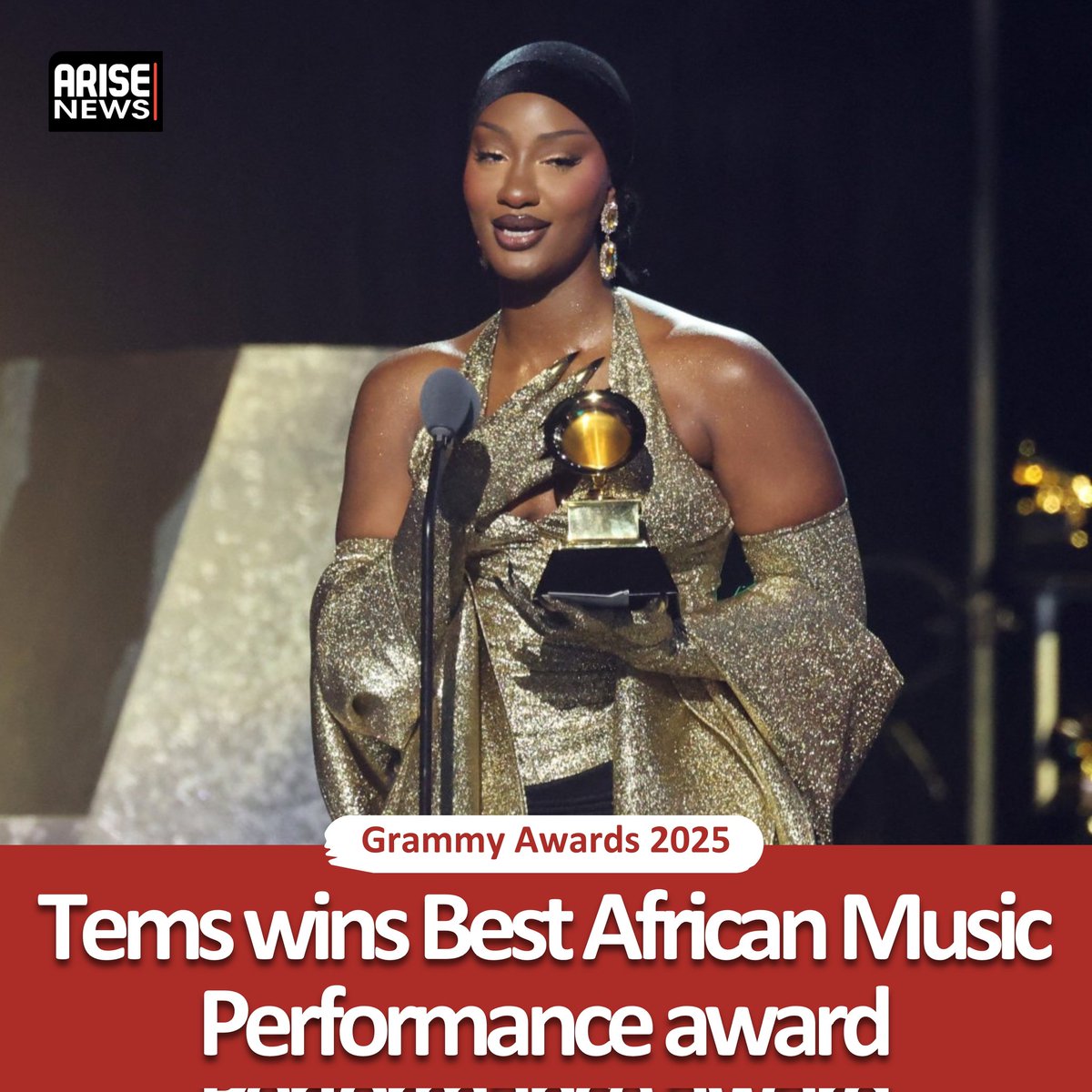 ARISEtv's tweet photo. Nigerian artist Tems has won the Best African Music Performance category at the 67th Grammy Awards. She secured the award with her song Love Me JeJe.

Other nominees in the category were Tomorrow by Yemi Alade, MMS by Asake featuring Wizkid, Sensational by Chris Brown featuring Davido and Lojay, and Higher by Burna Boy.

The category was introduced last year, with South African artist Tyla taking the inaugural award.

This is Tems' second Grammy win. In 2023, she won the Best Melodic Rap Performance award for her contribution to the song Wait For U with Future and Drake. 

#Grammys #Grammys2025
