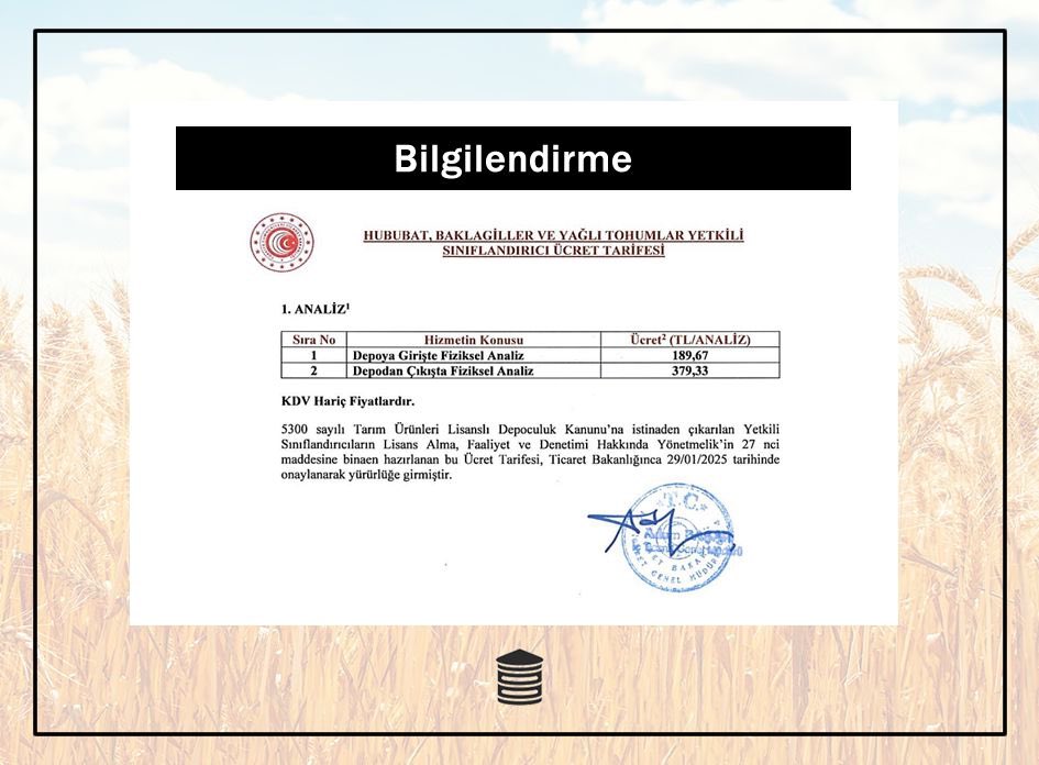 lidas1001's tweet photo. Bilgilendirme

T.C. Ticaret Bakanlığı duyurusu ile güncellenen, lisanslı depolarda hizmet sağlayan hububat, baklagiller ve yağlı tohumlar yetkili sınıflandırıcı analiz ücretleri Resmi Gazete’de yayınlandı. https://t.co/u0rrq3oZ8v
