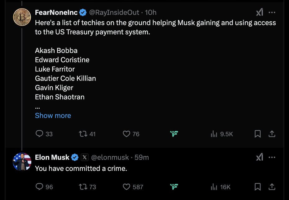 WTF is Elon talking about? It's not a crime to know who is controlling the US Treasury. It's a crime to hide it.