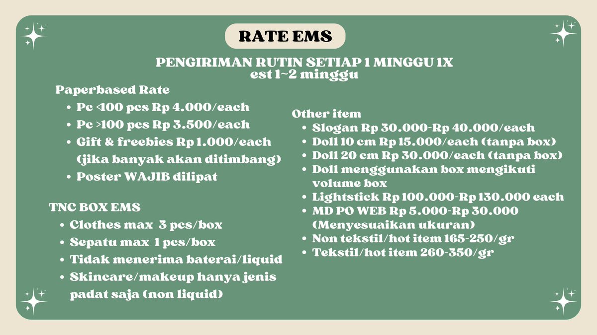 wh_jillyjen's tweet photo. ‼️UPDATE‼️

terkait rate ems dan sea per 2025 ada update terbaru ya. ada batas pengiriman barang juga untuk beberapa barang. https://t.co/0MpxxAFn52