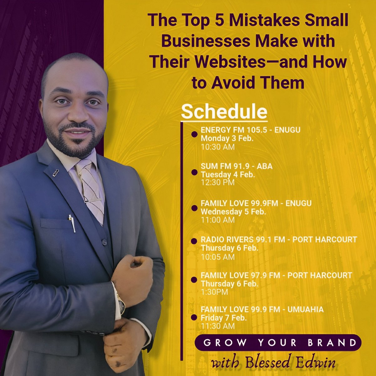 pstblessededwin's tweet photo. GROW YOUR BRAND – NEW EPISODE ALERT! 

Are you making costly mistakes with your business website?  

Join me on Grow Your Brand as we uncover The Top 5 Mistakes Small Businesses Make with Their Websites – and How to Avoid Them!

 #GrowYourBrand  #WebsiteMistakes #BlessedEdwin https://t.co/z8381thf8K