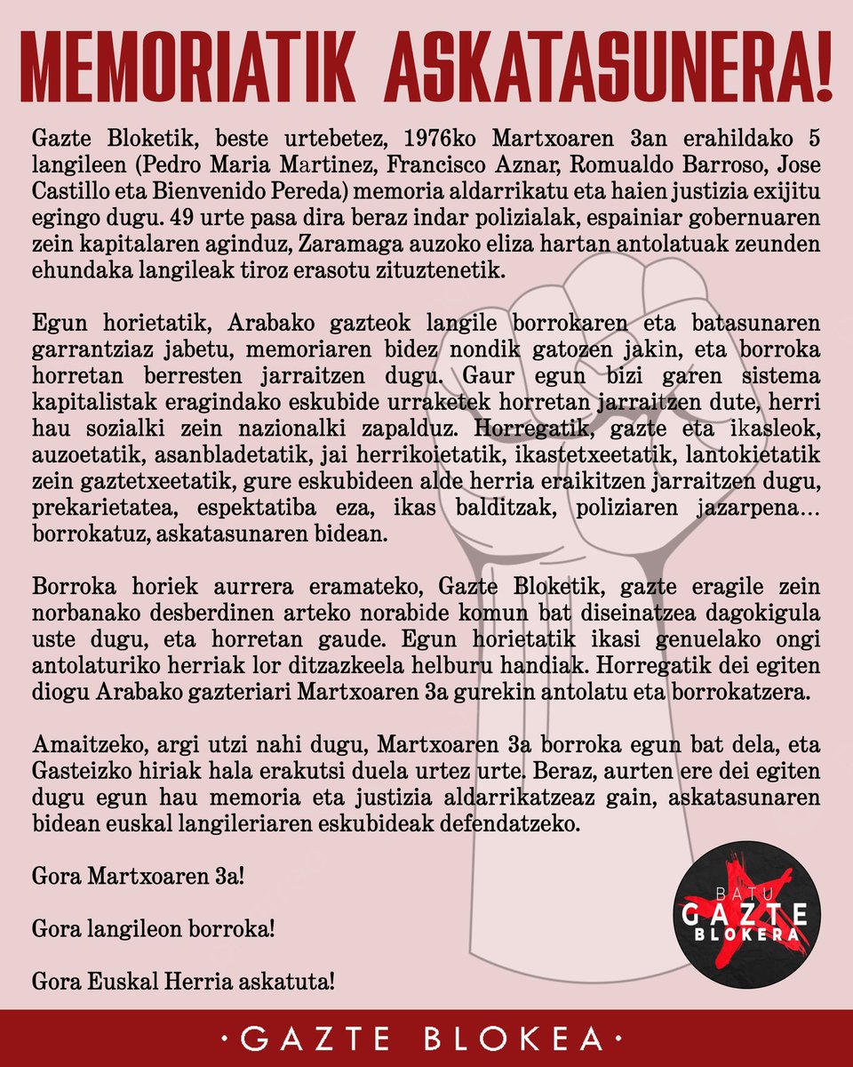Aurtengo Gazte Blokeko irakurketa. Memoriatik askatasunera! ✊🏽🌹