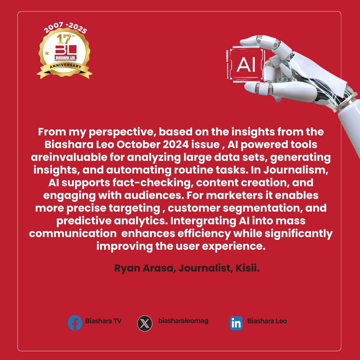 BiasharaLeoMag's tweet photo. From data insights to personalized content, AI is changing the game. #customertestimonial
#stunnerbiz #biasharaleomag #blmagazine https://t.co/0K5DRWH06T