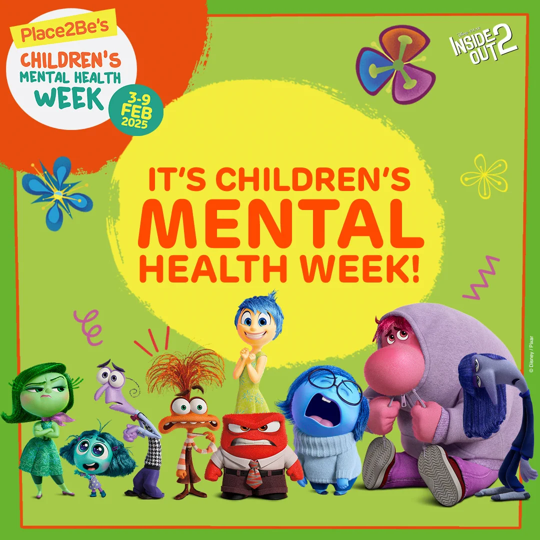 Promotional graphic for Children's Mental Health Week, February 3-9, 2025, featuring characters from Pixar's 'Inside Out.' The vibrant image includes characters celebrating the event, with colorful decorations and text announcing the week.