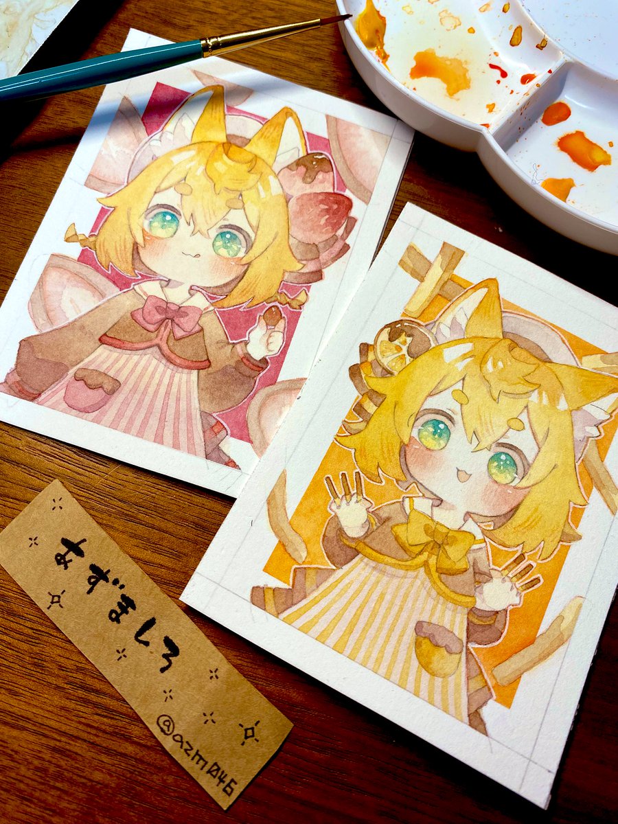 「バレンタイン用の2枚できた!ストロベリーショコラータとオレンジピールチョコ 」|あずましろのイラスト