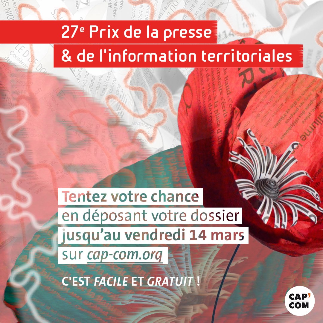 cap_com's tweet photo. Les inscriptions au 27ᵉ Prix de la #pressterr sont ouvertes ! 🥳🗞️
Ce Prix, qui récompense les meilleurs journaux territoriaux de l'année des institutions publiques et #collterr. 🗳️
Déposez votre dossier avant le 14 mars ➡️https://t.co/sjykYUshBw https://t.co/65ThDge4o3