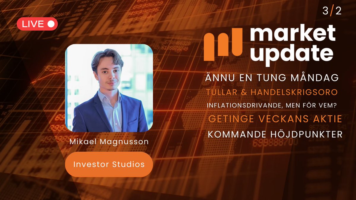 MARKET UPDATE – Live idag kl 10.00

📊 Tullar &amp; handelskrigsoro
📉 Getinge – veckans aktie att hålla koll på!
🔍 Viktiga höjdpunkter inför veckan.
youtube.com/watch?v=VUeA6J…

#finanstwitter
