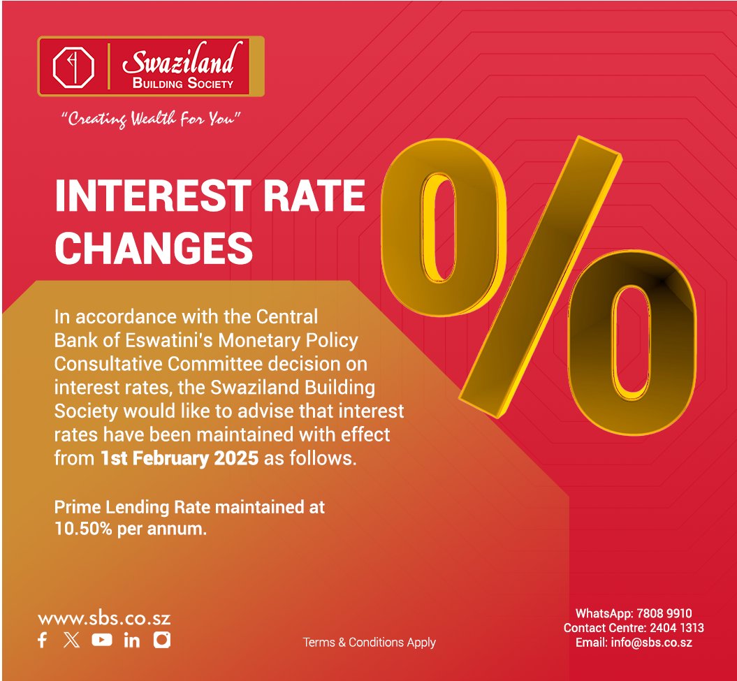 SBSswaziland's tweet image. Please note the following interest rate changes.

#CreatingWealthForYou #SwazilandBuildingSociety