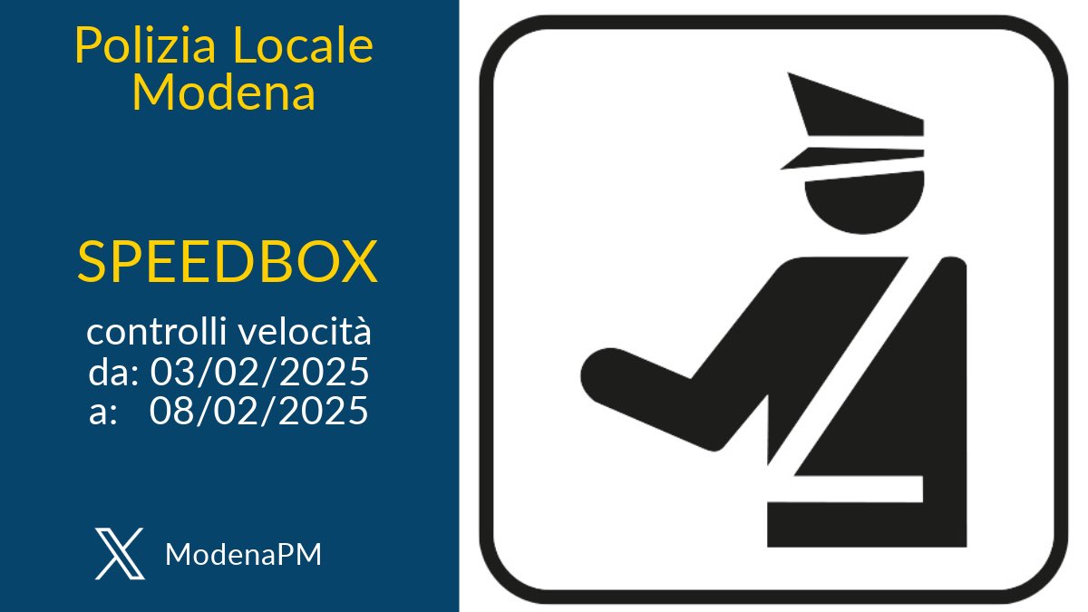 PLModena's tweet photo. #ViabilitàMO #speedbox
Da oggi 03/02/2025 e fino all’08/02/2025 i controlli della #velocità sono effettuati con la strumentazione #speedbox nelle seguenti vie:
✅ Viale Autodromo (limite 50 Km/h);
✅ Strada Albareto (limite 50 Km/h).
Prudenza alla guida e rispetta sempre i limiti.