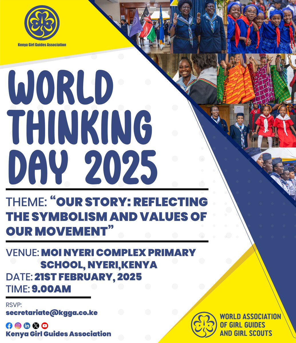 KenyaGirlGuides's tweet photo. Excitement is building for #WorldThinkingDay2025! Join us on 21st February in Nyeri for a day of reflection, unity, and celebration.

#WTD2025 #OurStory #GirlsCreatingABetterWorld #KGGA https://t.co/mykOzsDk9O