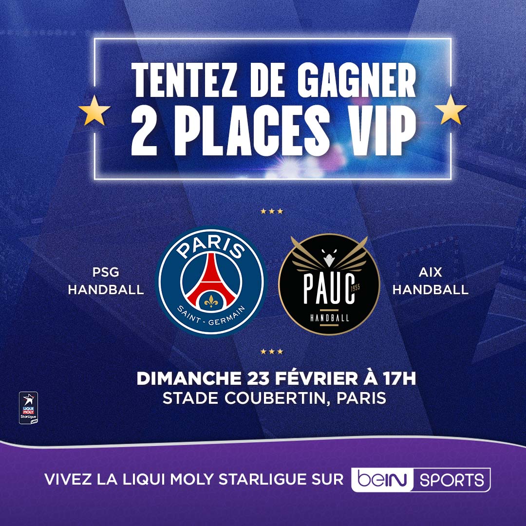 beinsports_FR's tweet photo. 🚨 JEU CONCOURS 🚨
🤾‍♂️ Tentez de gagner 2 places VIP pour assister au match PSG Handball vs. Aix Handball !
📆 Dimanche 23 février à 17h
📍 Stade Coubertin, Paris

👉🏼 Pour participer :
1️. RT ce post
2️. Suivre le compte @beinsports_FR

📌 Résultat du concours par tirage au sort le 10 février à 12h.

🔥 Ne manquez pas cette occasion unique de vivre une rencontre intense au cœur de l’action !

Bonne chance à tous 🍀

ps : ce match est à suivre en exclusivité sur beIN SPORTS 👀

#jeuconcours #psghandball #aixhandball #handball #stadecoubertin