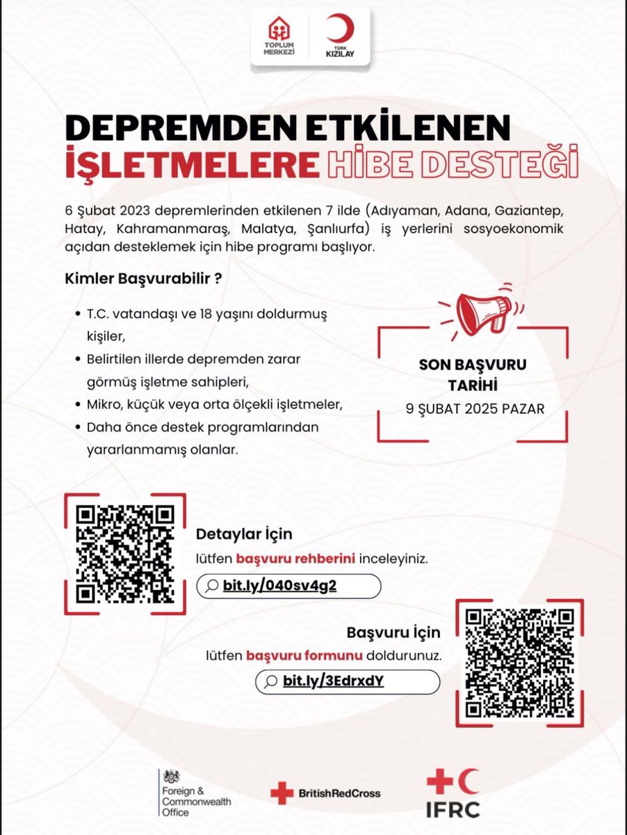 sanliurfatso's tweet photo. Sayın Üyemiz,
6 Şubat depreminden etkilenen işletmelere verilecek olan 150.000 TL nakdi yardım desteğiyle iş yerlerinin eksiklerini gidererek sosyoekonomik açıdan güçlendirilmesi amaçlanmaktadır. Programın uzun vadeli hedefi, nakdi yardım desteğiyle işletmede kullanılabilecek ekipman, malzeme ve hizmeti tedarik ederek hem ihtiyaç sahibi işletmelere hem de yerel ekonomiye destek vermektir. 

✅ Mikro, küçük ve orta ölçekli işletmeler başvurabilir.
✅ İşletme 06.02.2023’ten önce kayıtlı olmalı.
✅ Destek, ekipman, malzeme, onarım ve hizmet alımları için kullanılabilir.

📅 Son başvuru: 9 Şubat 2025 - 23:59
📌 Detaylar & Başvuru: https://t.co/UeQeacJP7J

@Kizilay  @mdoganyetim @serhatkrd @komiteleri @TOBBiletisim @RHisarciklioglu
