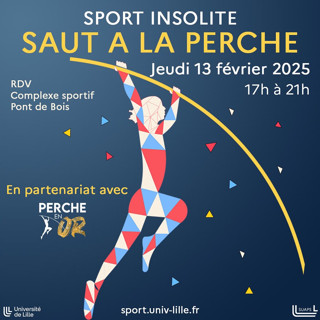 Université de Lille (@univ_lille) on Twitter photo 🏃 Vous avez toujours eu envie de tester le saut à la perche ? C'est possible avec le SUAPS de l'Université de Lille en partenariat avec <a href="/Perche_en_or/">Perche en or 💫</a> :
📆 jeudi 13 février de 17h à 21h
📍 Salle des sports Pont-de-Bois
💸 GRATUIT sur réservation
📧 philippe.tanchon@univ-lille.fr 🏃 Vous avez toujours eu envie de tester le saut à la perche ? C'est possible avec le SUAPS de l'Université de Lille en partenariat avec <a href="/Perche_en_or/">Perche en or 💫</a> :
📆 jeudi 13 février de 17h à 21h
📍 Salle des sports Pont-de-Bois
💸 GRATUIT sur réservation
📧 philippe.tanchon@univ-lille.fr