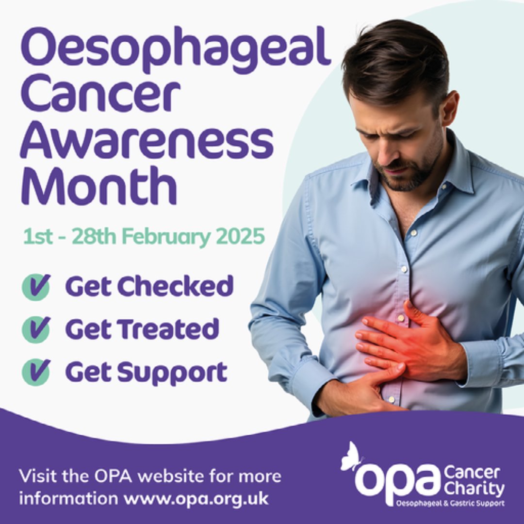 Oesophageal Cancer Awareness Week 💜
1st - 28th February 2025  🎗️

#OesophagealCancerAwarenessMonth #GetHelp #GetTreated #GetSupport #Jointhefight #EarlyDetection