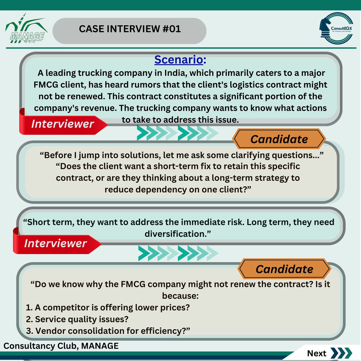 ConsultIQX's tweet photo. Saving the Deal! Dive into our latest case  interview where a trucking company faces the challenge of retaining a vital FMCG contract. Discover the strategies they can implement to adapt in a competitive landscape—balancing immediate solutions with long-term growth. https://t.co/5K48qifuKO