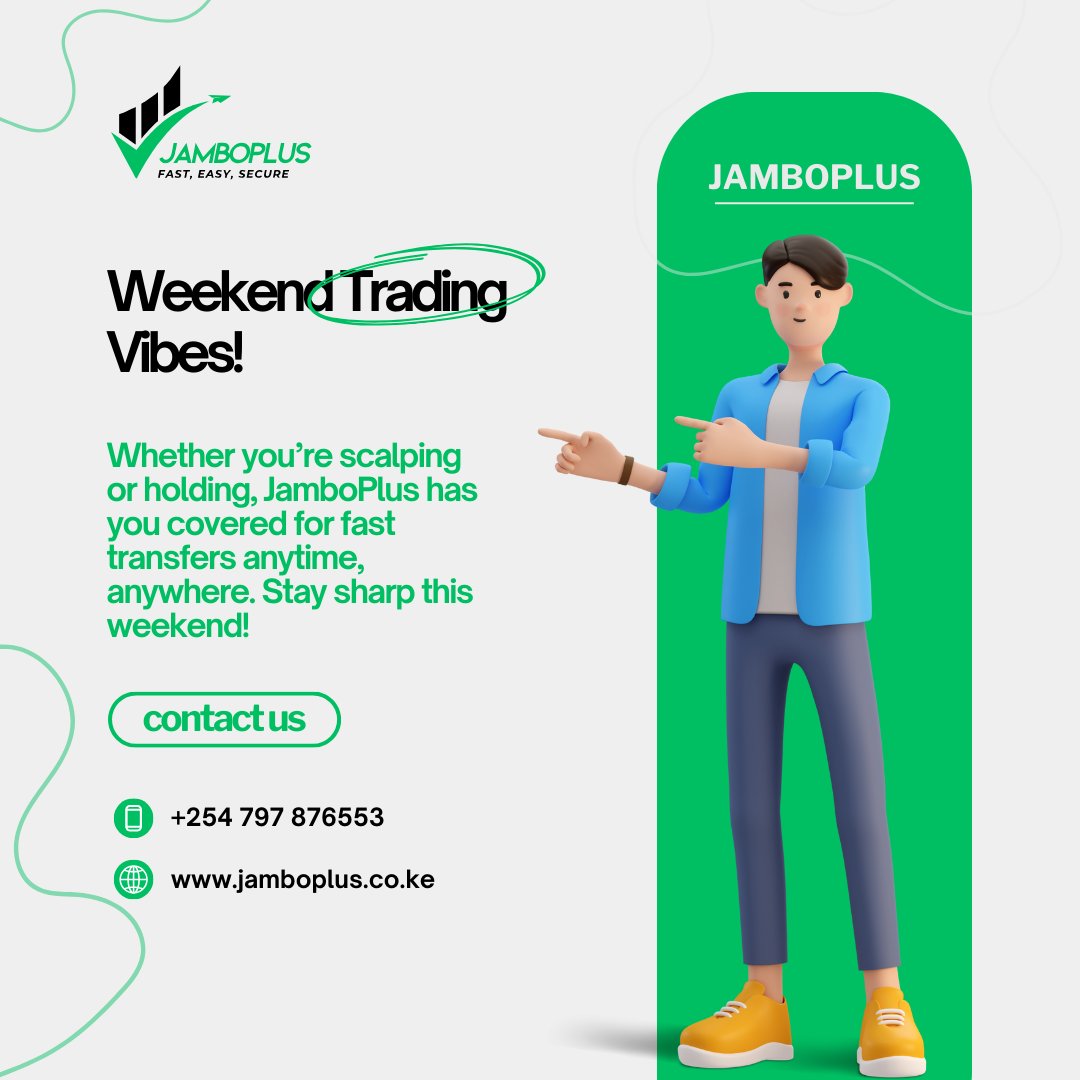 jambo_plus's tweet image. 📅 Weekend Trading Vibes!

Whether you’re scalping or holding, JamboPlus has you covered for fast transfers anytime, anywhere. Stay sharp this weekend!

🌐 jamboplus.co.ke

#WeekendForex #TradeAnytime #JamboPlus #Mpesa #Deriv
