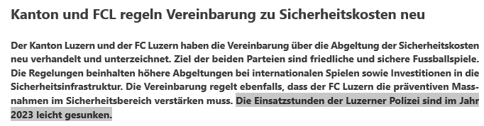 Im Jahr 2023 sind gemäss Kanton die Einsatzstunden der Luzerner Polizei gesunken. Dies zeigt eindeutig auf, dass die angestrebte Dialog-Strategie von RR Fanaj Erfolg hatte. Kollektivmassnahmen wie im letzten Oktober gegen Yverdon zeigen keine Wirkung!

#NeinzuKollektivstrafen