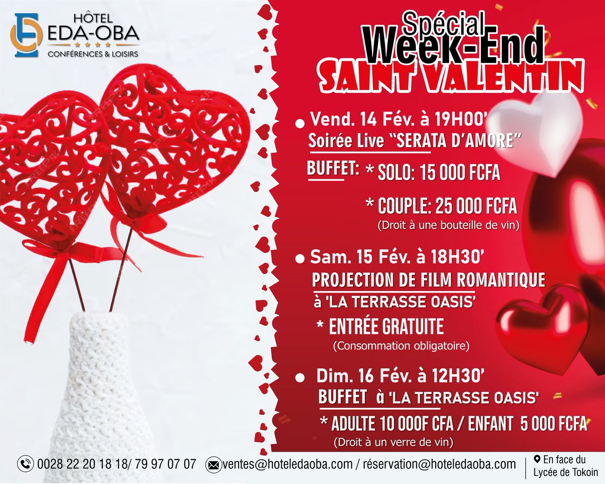Hotel_EdaOba's tweet photo. Offrez-vous un week-end inoubliable à l'hôtel EDA OBA pour la Saint-Valentin !
Plongez dans une ambiance romantique avec nos offres spéciales
Faites de cette Saint-Valentin un moment magique à partager avec votre moitié maintenant et laissez-nous créer des souvenirs mémorables https://t.co/yWrhkVB7Eq