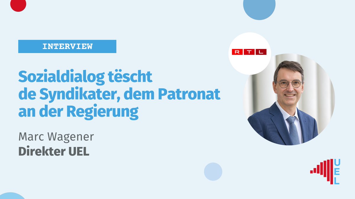 🗣️ Eisen Direkter <a href="/MarcWagener/">Marc Wagener</a> war haut den Invité vun <a href="/RTLlu/">RTL Luxembourg</a>, haaptsächlech fir iwwert de Sozialdialog tëscht de Syndikater, den Employeuren an der Regierung ze schwätzen. Hien huet och op de rezente Gehälteraccord an der Fonction Publique an op d’ Ëffnungszäiten-Diskussioun
