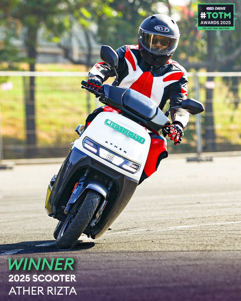 The <a href="/atherenergy/">Ather Energy</a> Rizta has won the 2025 Scooter #TOTM! It was also the only scooter to be in contention for Bike of the Year at the #AckoDriveAwards. Ather’s CBO, <a href="/RavneetPhokela/">Ravneet Phokela</a> , accepted the #TOTM. #2025TOTMs