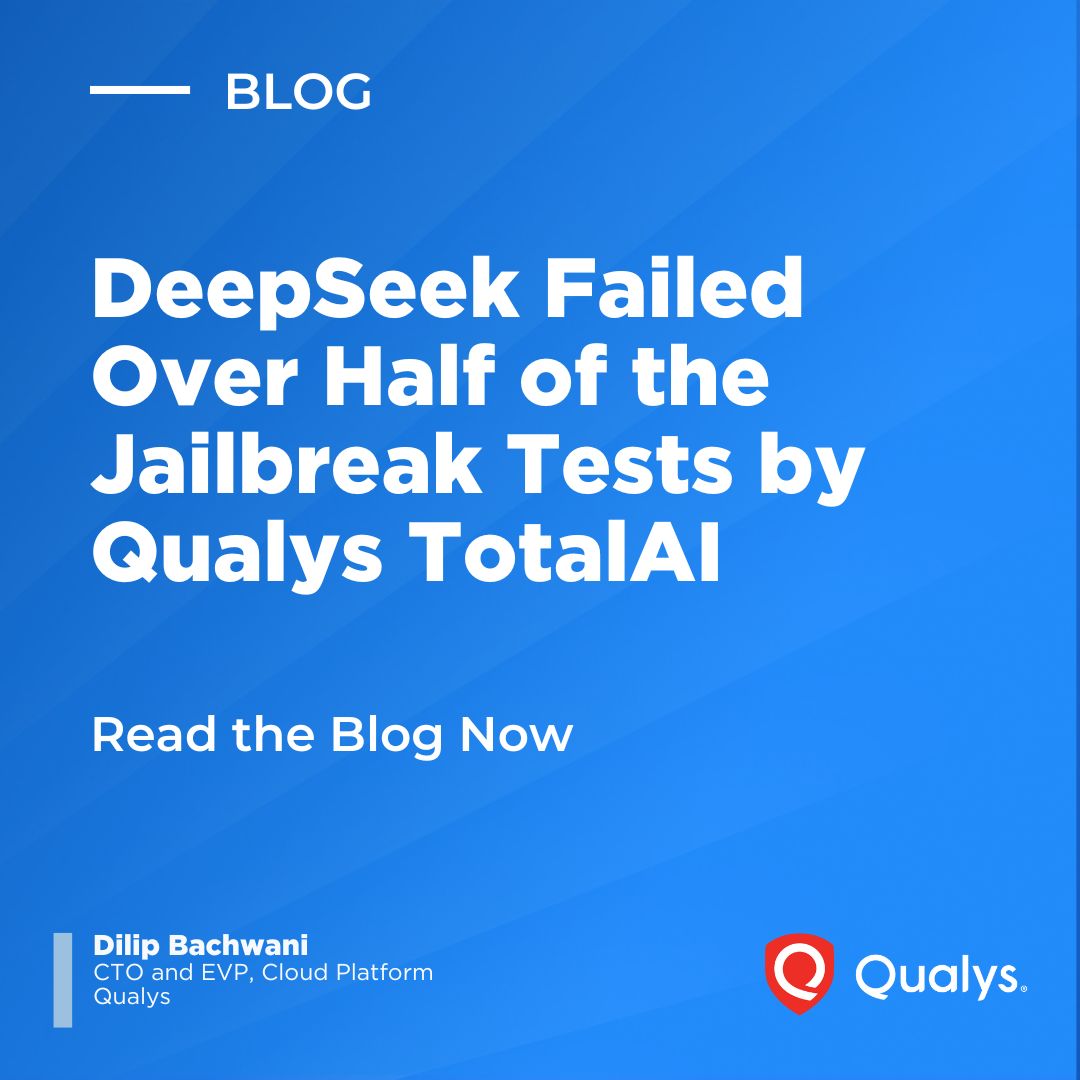 DeepSeek fails more than 50% of Jailbreak Tests by Qualys TotalAI: model failed 58% of jailbreak tests &amp; 61% of security assessments.

🔎 Read the blog &amp; learn how Qualys TotalAI helps secure AI models against threats.  bit.ly/42Cubo0

 #AI #CyberSecurity #LLMSecurity