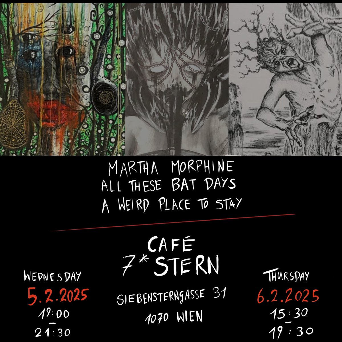 Diese Woche mit "Fem:ental" eine Ausstellung dreier Künstler*innen zu den allgegenwärtigen Themen Queer*Feminismus und Mental Health im #7sternwohnzimmer. Die Künstler*innen treten in einen visuellen Dialog und teilen ihre Ansichten und Erfahrungen zum 1. Mal mit einem Publikum.